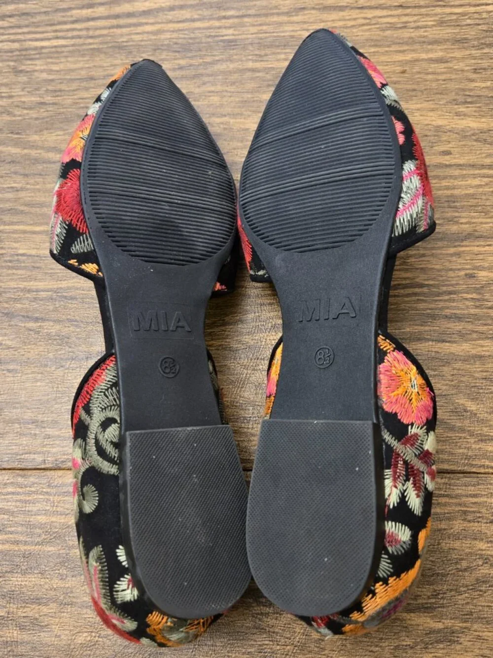 MIA Caroline Floral Embroidered d'Orsay Pointed Toe Flats on Black Background